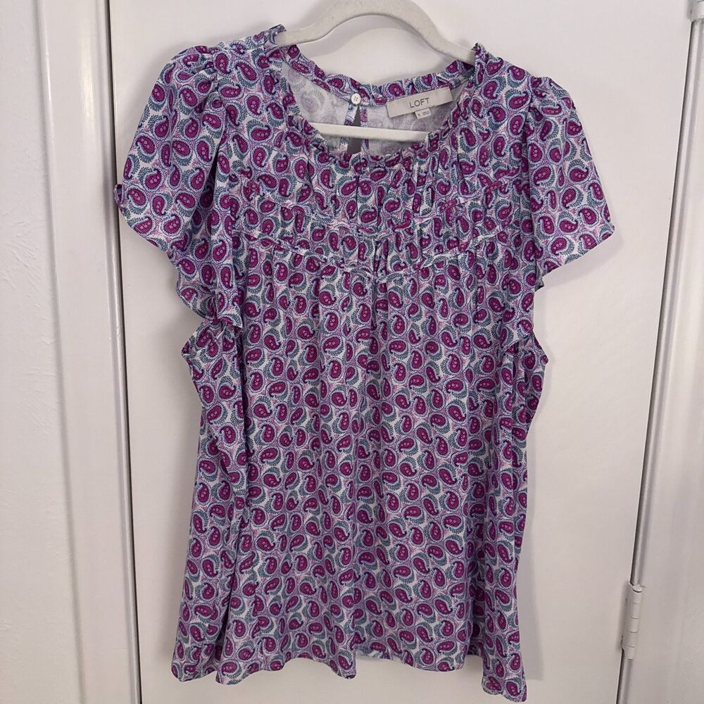 Womens XL Loft Paisley Flutter Sleeve Short Sleeve Purple/Pink/Blue Blouse